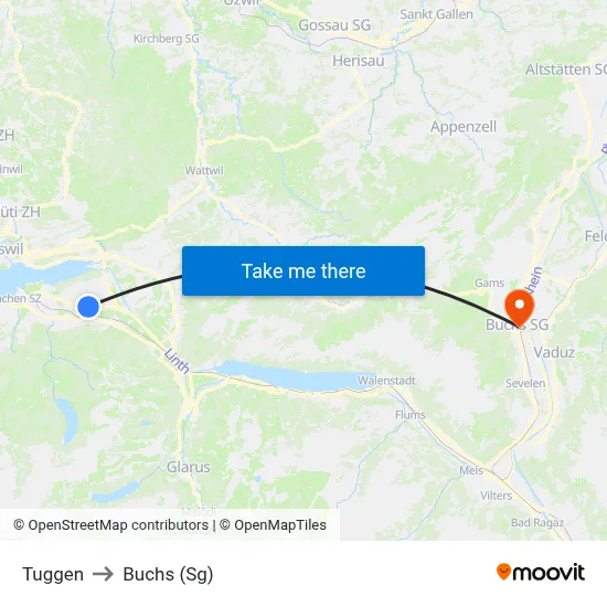 Tuggen to Buchs (Sg) map