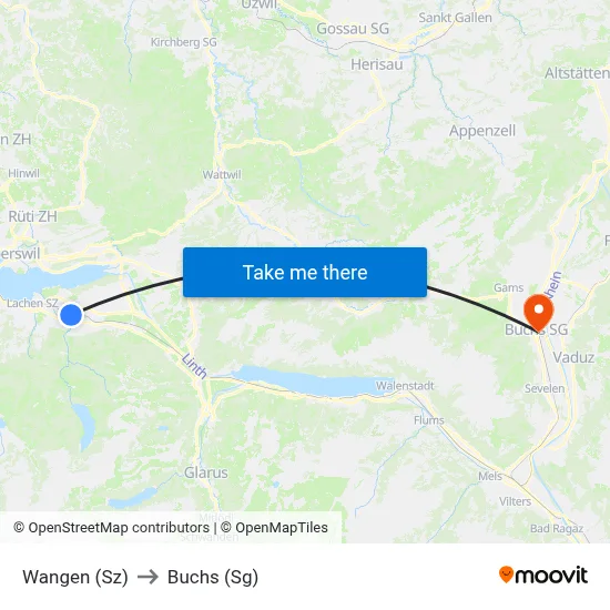 Wangen (Sz) to Buchs (Sg) map