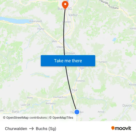 Churwalden to Buchs (Sg) map