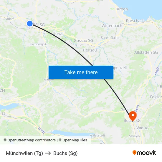 Münchwilen (Tg) to Buchs (Sg) map