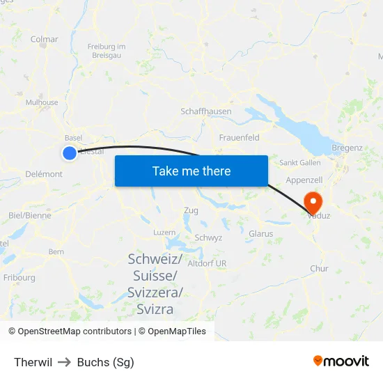 Therwil to Buchs (Sg) map