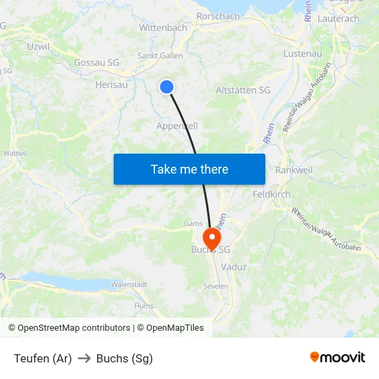 Teufen (Ar) to Buchs (Sg) map