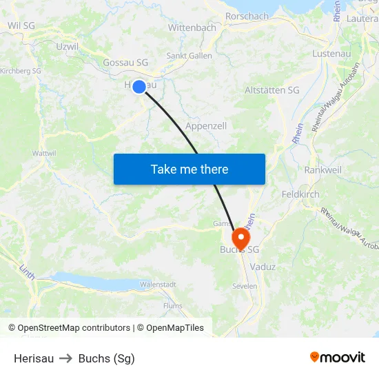 Herisau to Buchs (Sg) map