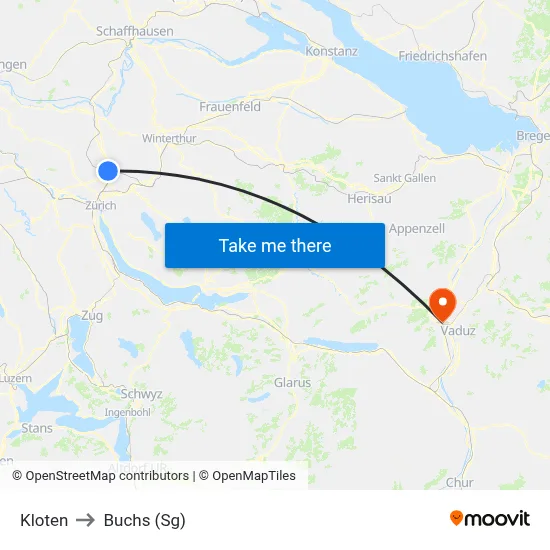 Kloten to Buchs (Sg) map