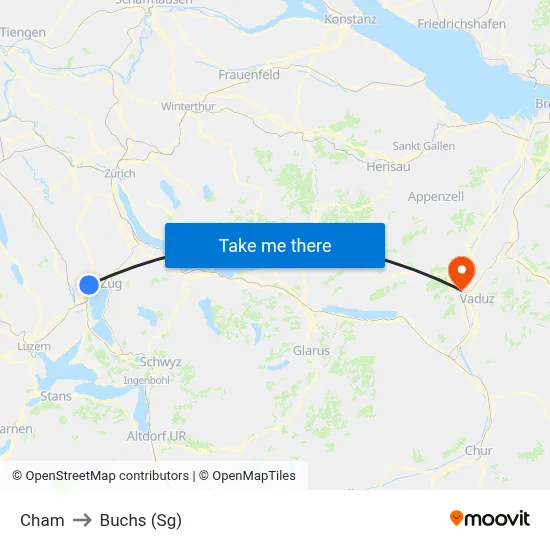 Cham to Buchs (Sg) map