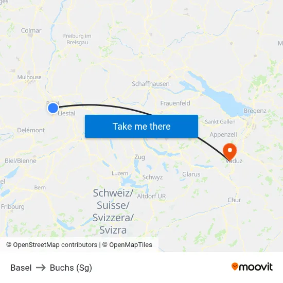 Basel to Buchs (Sg) map