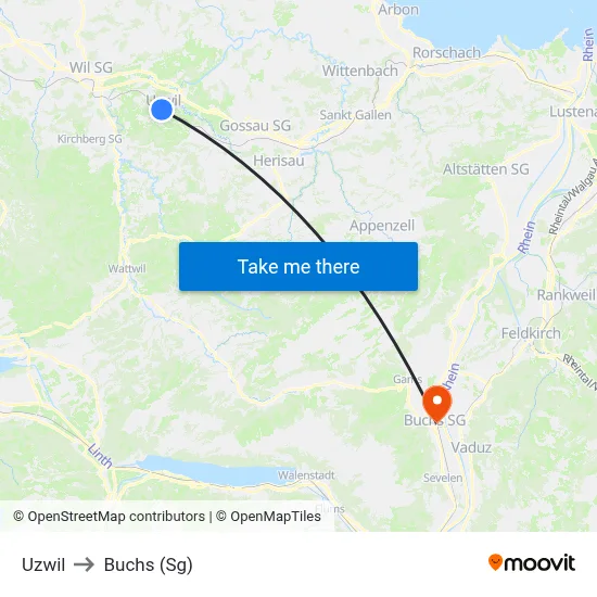 Uzwil to Buchs (Sg) map