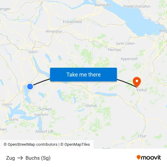 Zug to Buchs (Sg) map