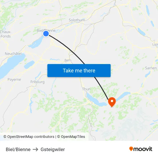 Biel/Bienne to Gsteigwiler map