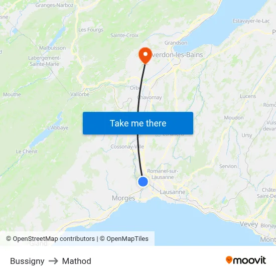 Bussigny to Mathod map