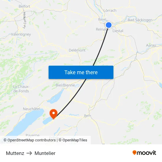 Muttenz to Muntelier map