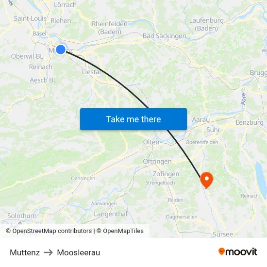 Muttenz to Moosleerau map