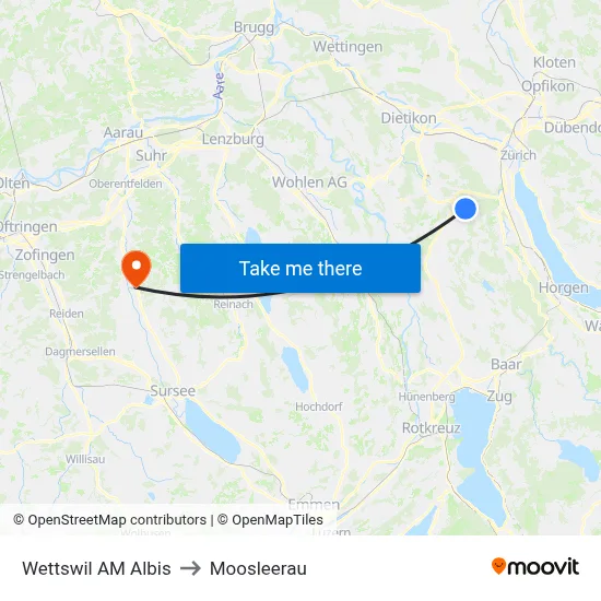 Wettswil AM Albis to Moosleerau map