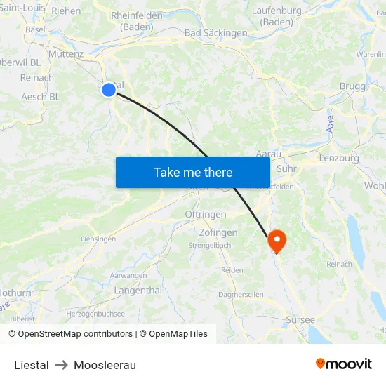 Liestal to Moosleerau map