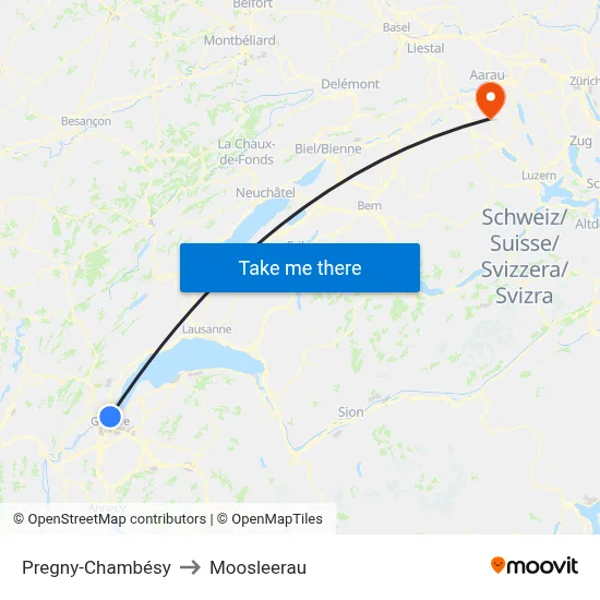 Pregny-Chambésy to Moosleerau map