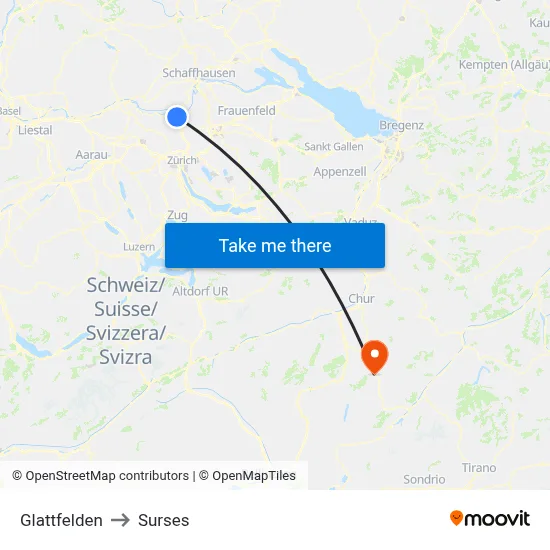 Glattfelden to Surses map