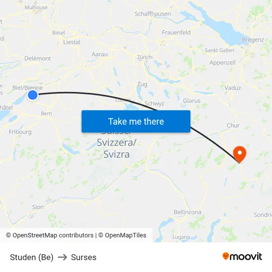 Studen (Be) to Surses map