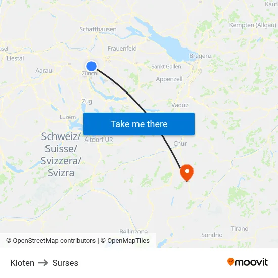 Kloten to Surses map