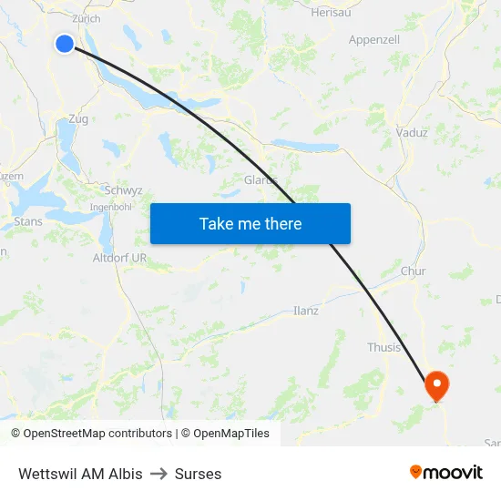 Wettswil AM Albis to Surses map