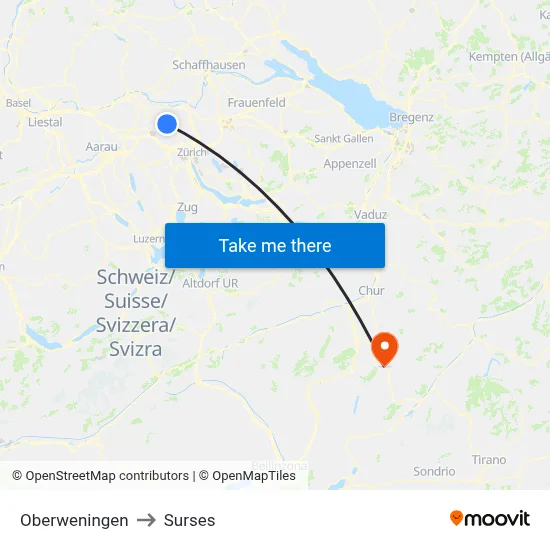 Oberweningen to Surses map