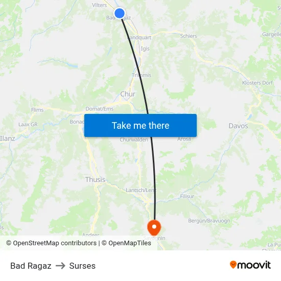 Bad Ragaz to Surses map