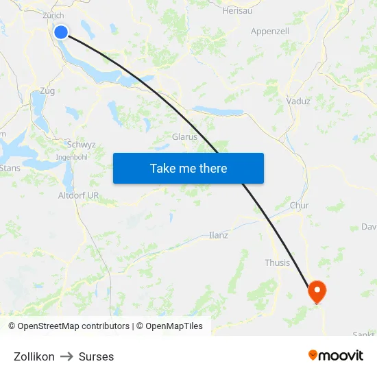 Zollikon to Surses map