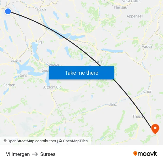 Villmergen to Surses map
