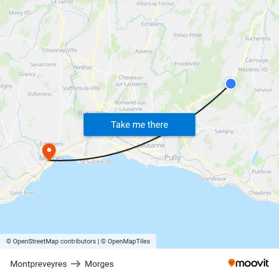Montpreveyres to Morges map