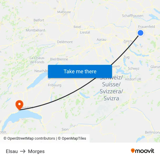Elsau to Morges map