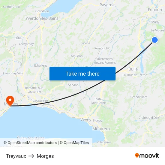 Treyvaux to Morges map