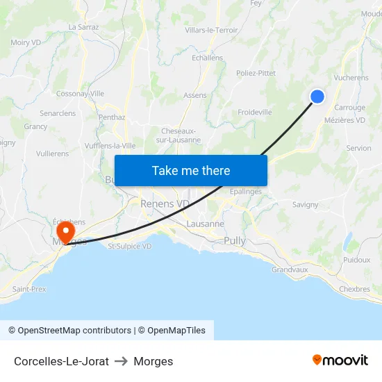 Corcelles-Le-Jorat to Morges map