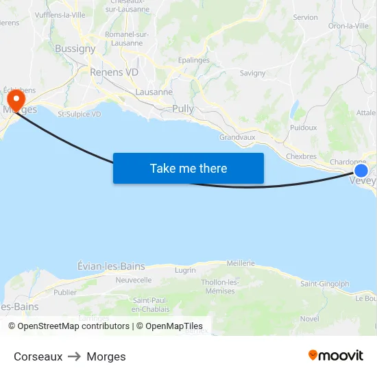 Corseaux to Morges map