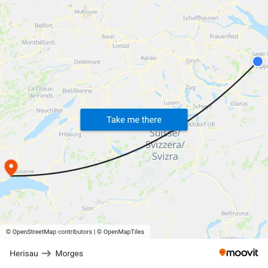 Herisau to Morges map