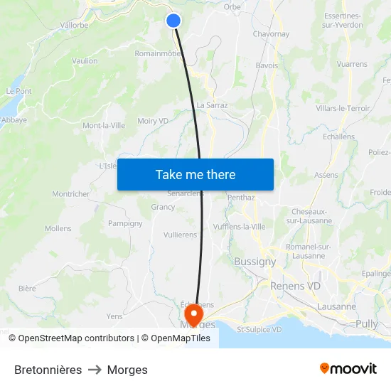 Bretonnières to Morges map