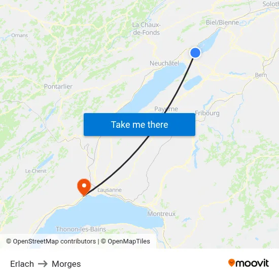 Erlach to Morges map
