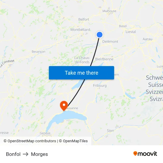 Bonfol to Morges map