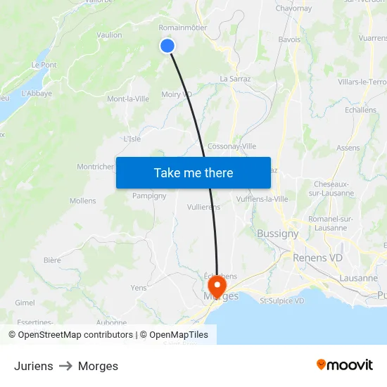 Juriens to Morges map