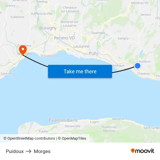 Puidoux to Morges map