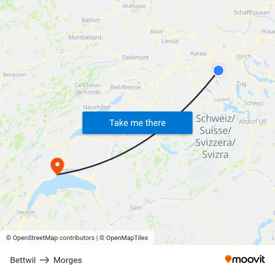 Bettwil to Morges map