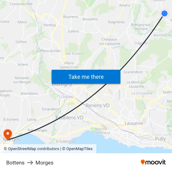 Bottens to Morges map