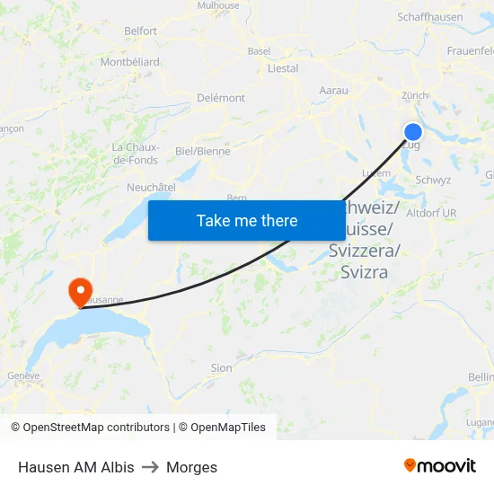 Hausen AM Albis to Morges map
