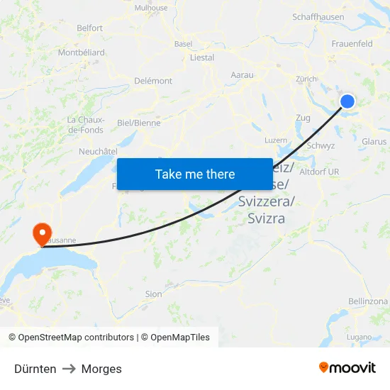 Dürnten to Morges map