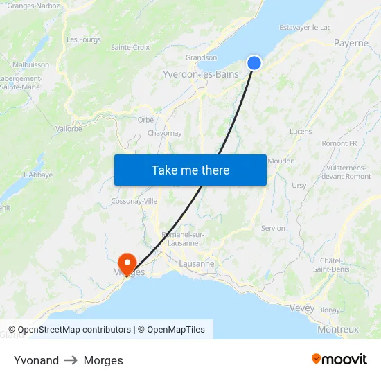 Yvonand to Morges map