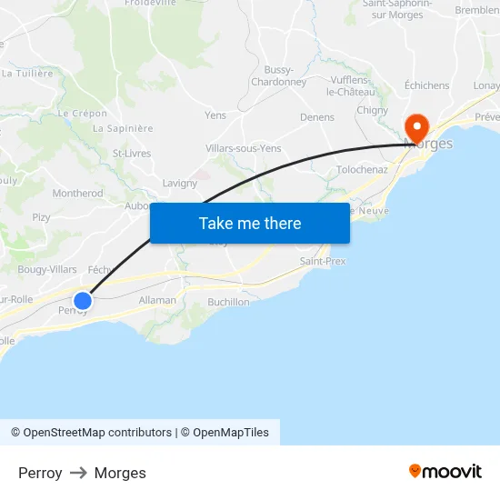 Perroy to Morges map