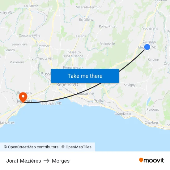 Jorat-Mézières to Morges map