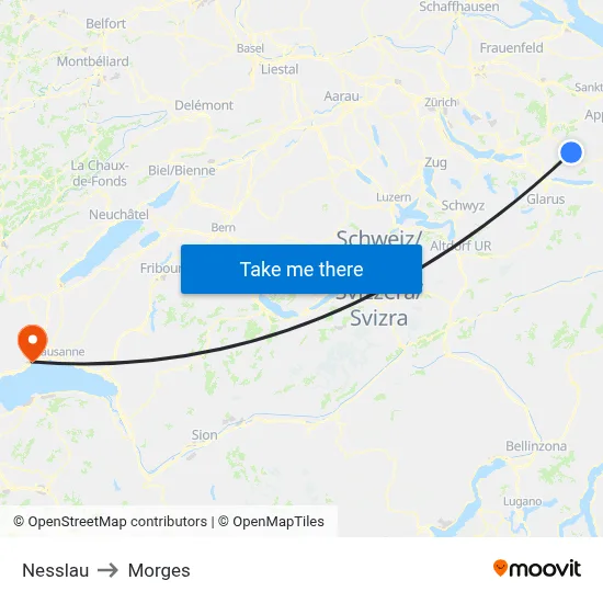 Nesslau to Morges map