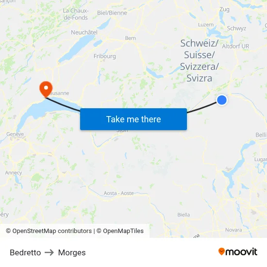 Bedretto to Morges map
