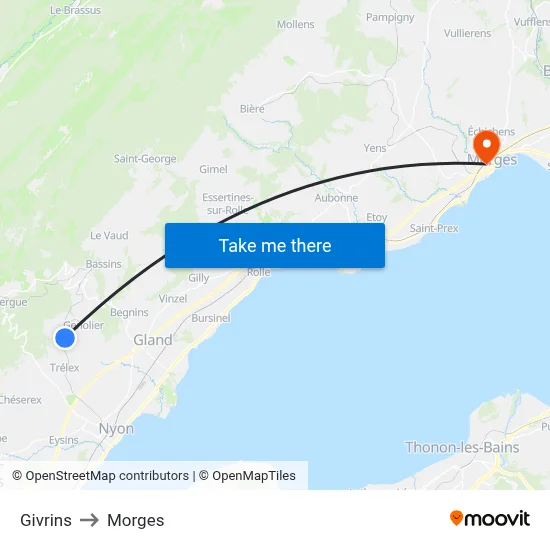 Givrins to Morges map
