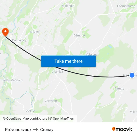 Prévondavaux to Cronay map