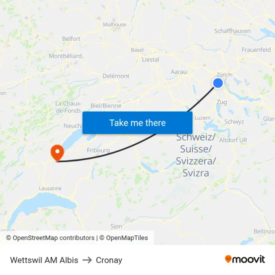 Wettswil AM Albis to Cronay map